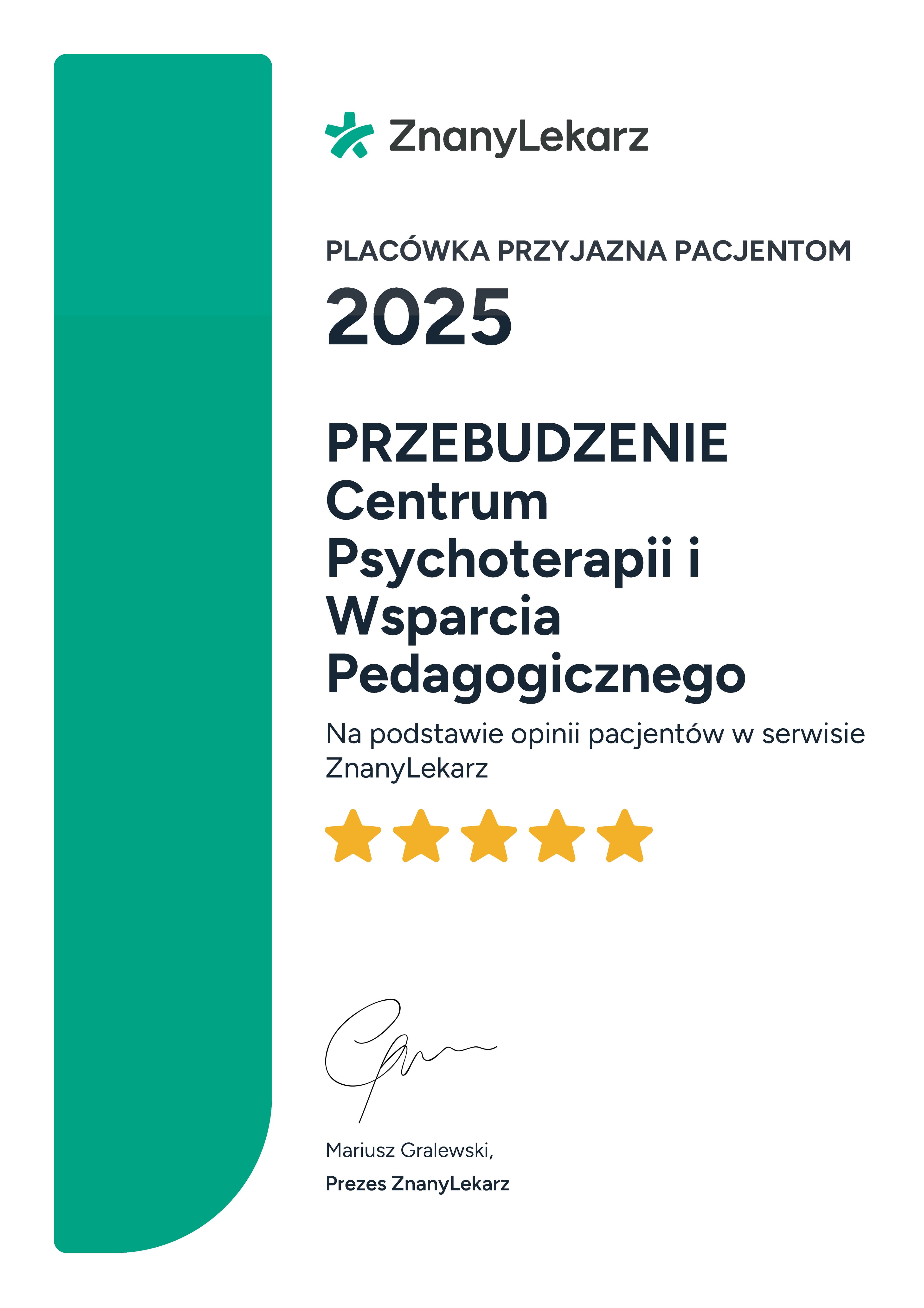 Certyfikat Jakości ZnanyLekarz 2025 — Placówka Przyjazna Pacjentom